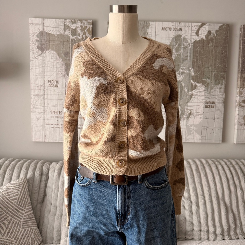 Lucky Brand Womens Tan Camo Wool Blend V-Neck Button Front Cardigan Sweater S